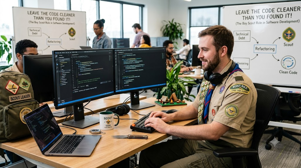 Ein Entwickler in Pfadfinder-Uniform programmiert an zwei Monitoren; im Hintergrund Banner mit dem Leitsatz "Leave the code cleaner than you found it" und einem Diagramm von Technical Debt über Refactoring zu Clean Code.